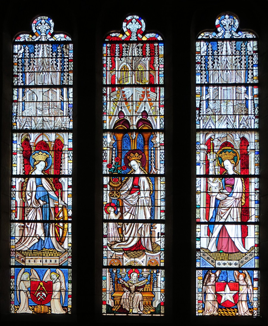 stained glass window with female saints