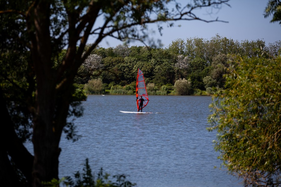 Man wind surfing on lake
