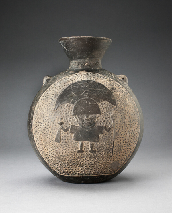 Jar with Relief of Standing Figure with Crescent Headdress, Holding Ritual Objects