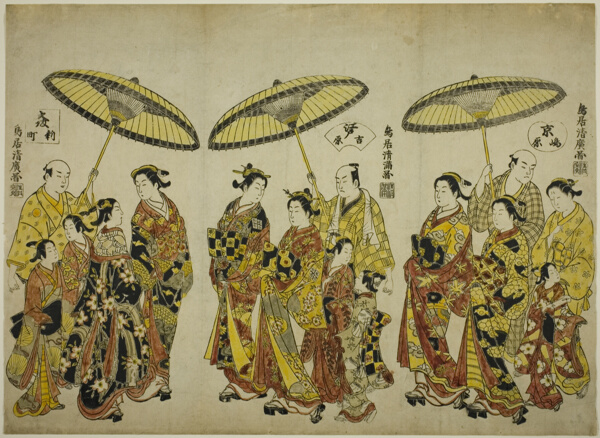 Beauties of the Three Capitals: Shimabara in Kyoto (right), Yoshiwara in Edo (center), and Shinmachi in Osaka (left)