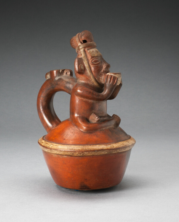 Handle Spout Vessel Depicting Seated Figure Drinking from Cup