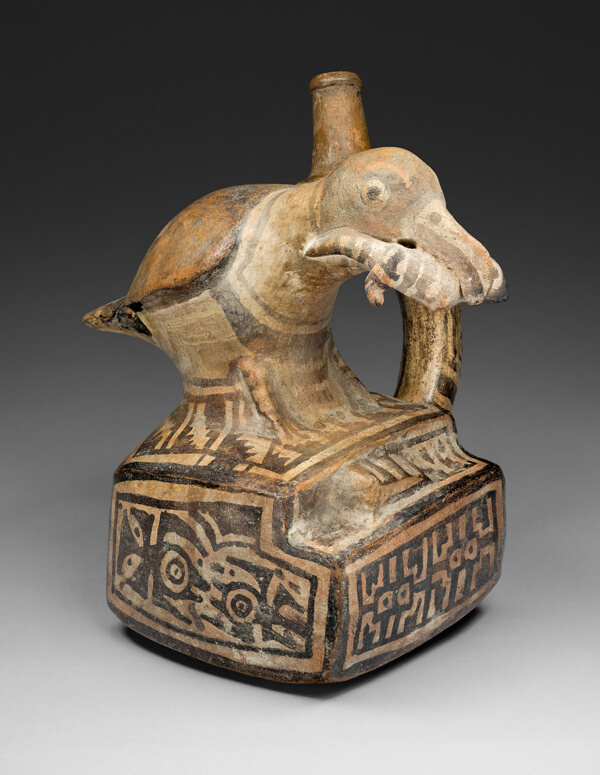 Square Handle Spout Vessel with Form of a Bird Eating a Lizard