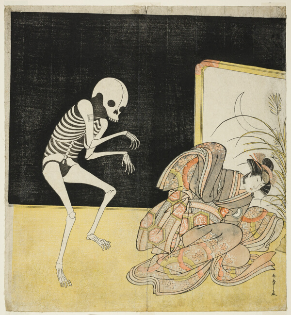 Ichikawa Danjūrō V as a Skeleton, Spirit of the Renegade Monk Seigen, and Iwai Hanshirō IV as the Cherry Princess, in “Flower of Edo: An Ichikawa Saga” (Edo no Hana Mimasu Soga)