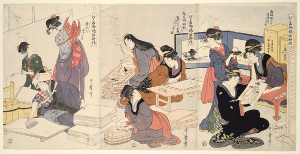 Artist, Block Carver, Applying Sizing (Eshi, hangashi, dosa-biki), from the series The Cultivation of Brocade Prints, a Famous Product of Edo (Edo meibutsu nishiki-e kosaku)