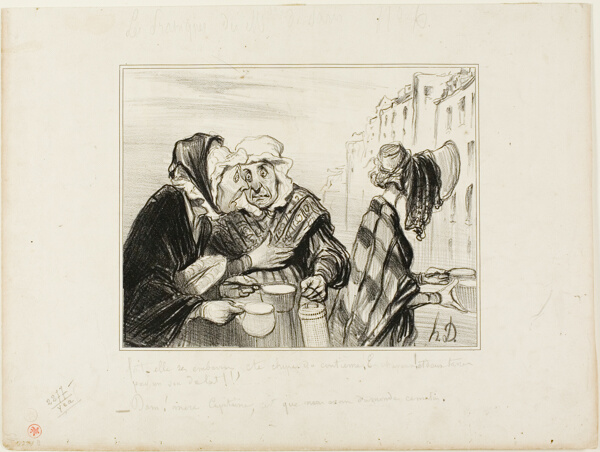 “- What a fuss this sour-face from the fifth floor is making! Wearing a hat just to buy two cups of milk for one sou! - Oh, Madame Capitaine, aren't we fancy today...,” plate 36 Types Parisiens