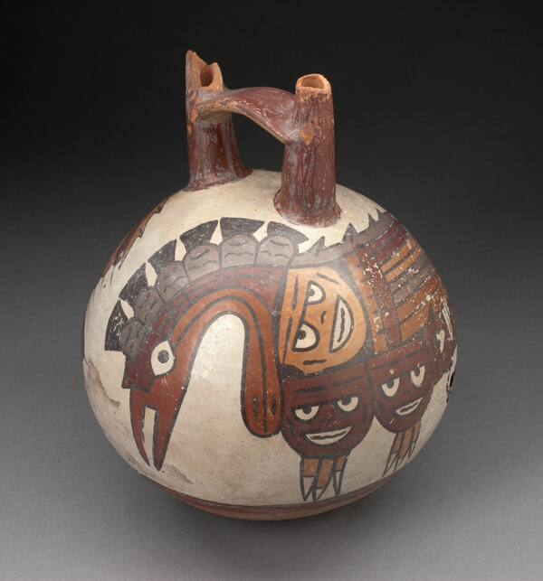 Double Spout Bridge Vessel Depicting Long-Necked, Crested Bird with Anthropomorphic Features