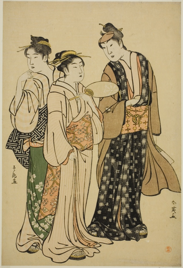 The Actor Iwai Hanshiro IV in Street Attire (by Shun'ei) Conversing with Two Women (by Shuncho)
