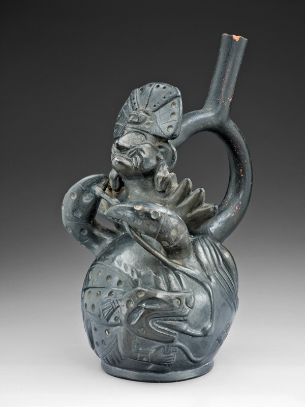 Blackware Vessel in the Form of a Figure Fishing, Possibly Ai-Apec, with a Crab