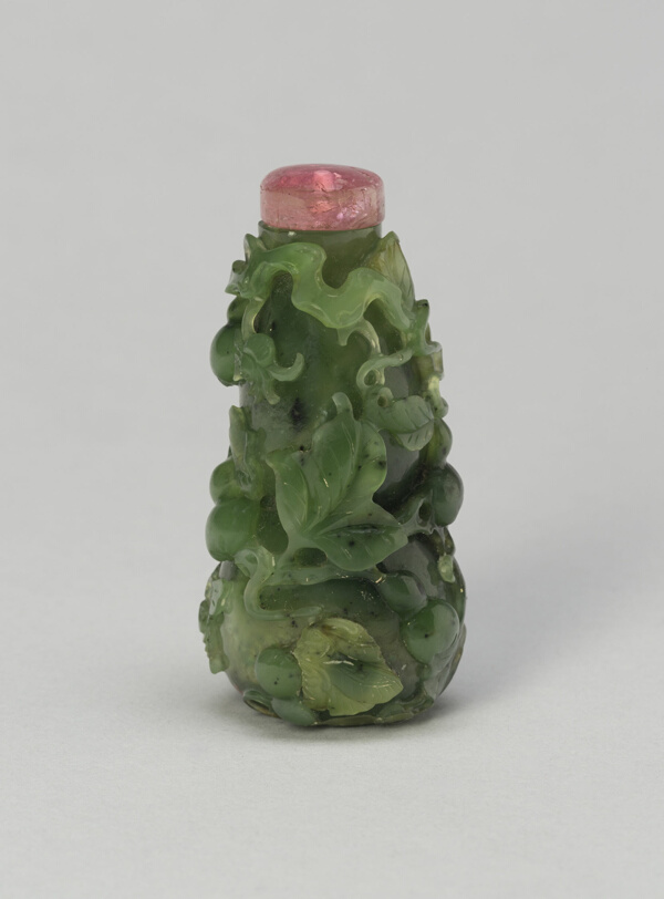 Gourd-Shaped Snuff Bottle with a Butterfly, Trailing Tendrils, and Fruit Branches