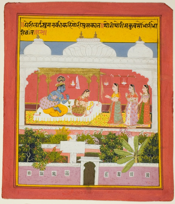 Krishna and Radha in a Pavilion, from a copy of the Seven Hundred Verses (Sat Sai) of Bihari
