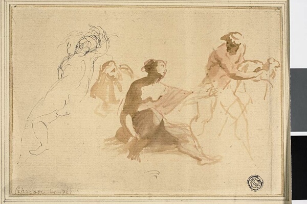 Two Sketches: Nude Child, Woman Reaching Toward Man with Lamb