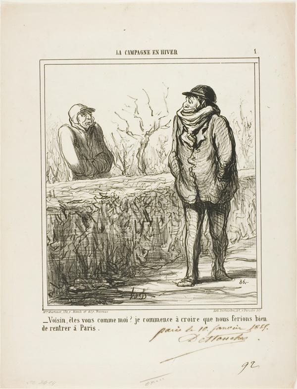 “- Hello, neighbour, are you like me? I start to believe we would do well returning to Paris,” plate 1 from La Campagne En Hiver