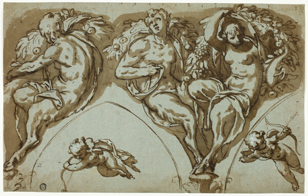 Study for Spandrel Decoration with Satyress, Satyrs, and Putti (recto); Head of Putto (verso)
