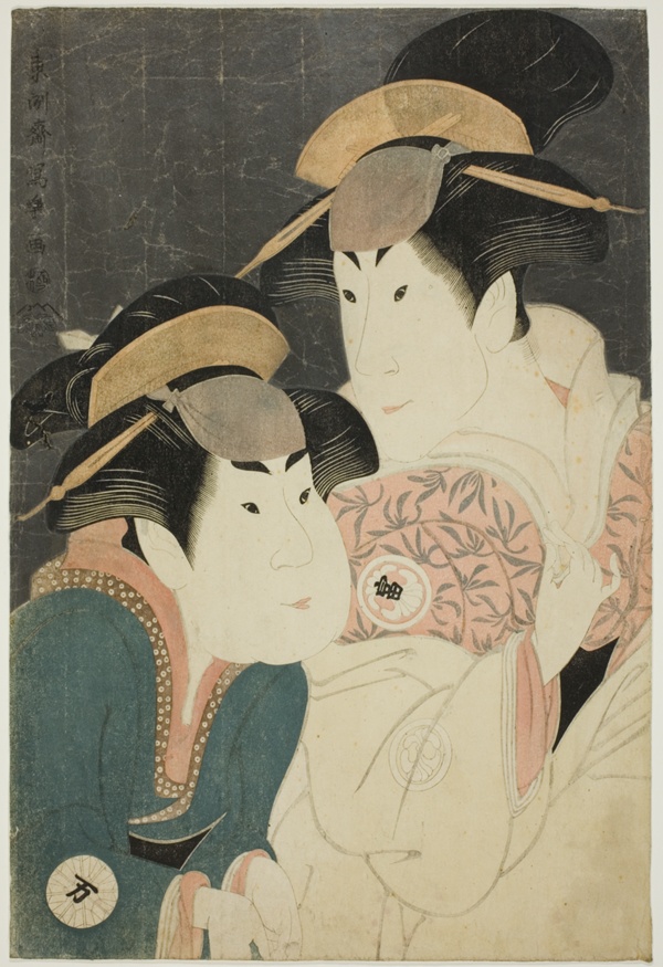 The actors Segawa Tomisaburo II (R) as Yadorigi, wife of Ogishi Kurando, and Nakamura Manyo (L) as the servant Wakakusa