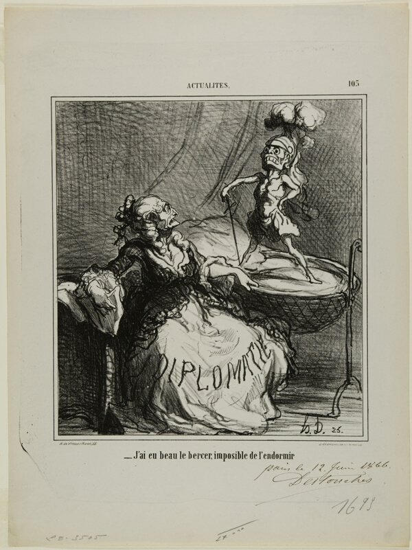 “- No matter how much I rock him, it is impossible to make him fall asleep,” plate 105 from Actualités