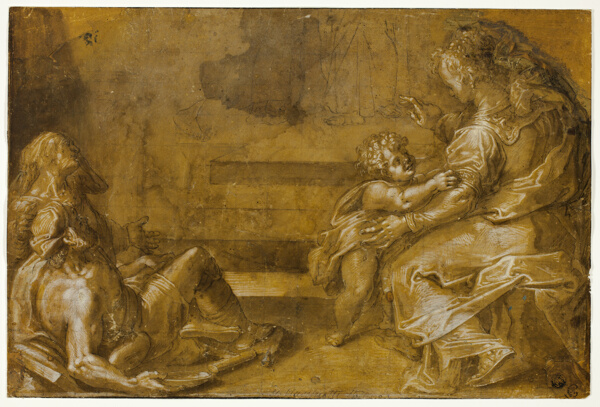 Two Reclining Beggars, and Seated Mother and Child, at Foot of Steps