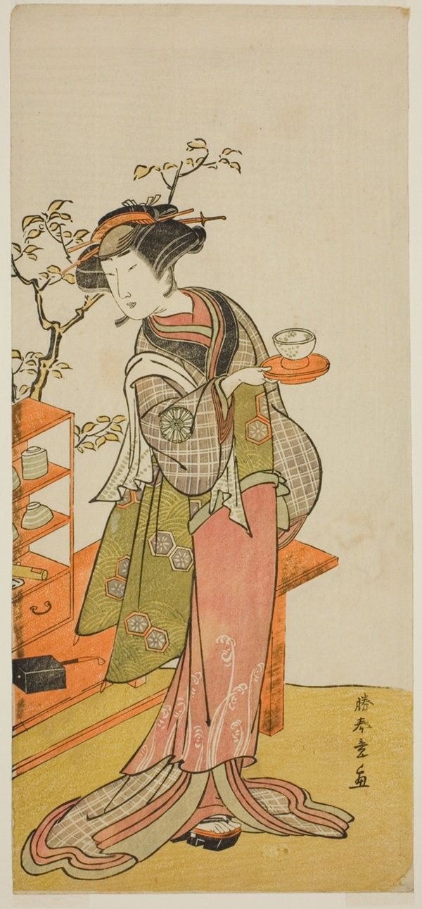 The Actor Nakamura Tomijuro I as the Waitress Otake in the Play Chigo Suzuri Aoyagi Soga, Performed at the Nakamura Theater in the First Month, 1777