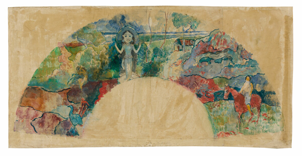 Design for a Fan Featuring a Landscape and a Statue of the Goddess Hina