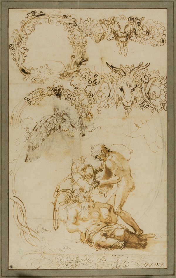 Drunken Silenus and Decorative Sketches: Studies for the Tazza Farnese (recto); Two Putti Fighting: Study for the Galleria Farnese (verso)