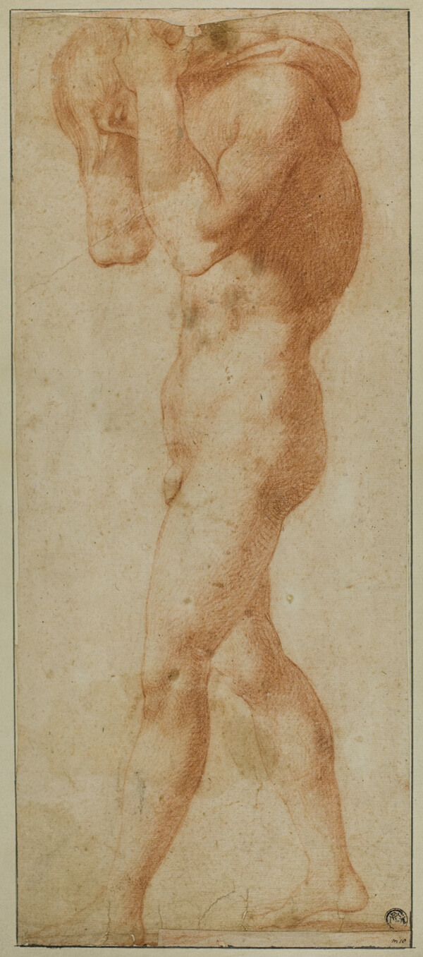 Male Nude Walking to Left, Carrying Burden on His Shoulders