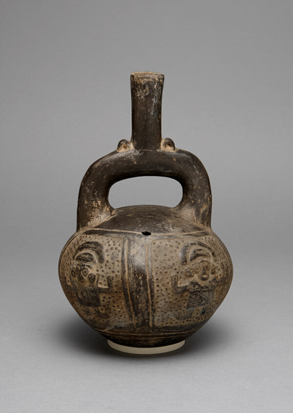 Blackware Stirrup Spout Vessel with a Relief Depicting Warriors with Raised Arms