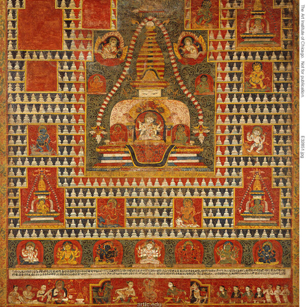 Painted Banner (paubha) of Goddess Ushnishavijaya Within a Funerary Mound (chaitya) and Surrounded by Chaityas