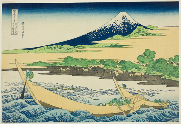 Tagonoura Bay near Ejiri on the Tōkaidō (Tōkaidō Ejiri Tagonoura ryakuzu), from the series Thirty-Six Views of Mount Fuji (Fugaku sanjūrokkei)