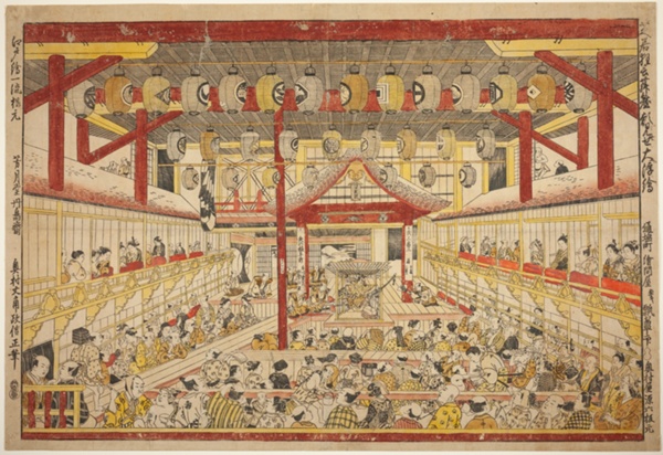 Large Perspective Picture of the Kaomise Performance on the Kabuki Stage (Shibai kyogen butai kaomise o uki-e)
