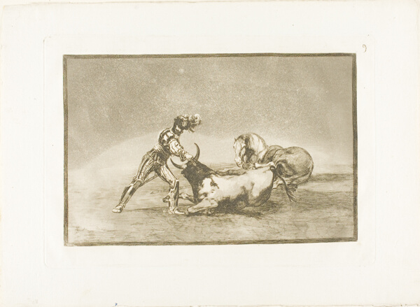 A Spanish knight kills the bull after having lost his horse, plate nine from The Art of Bullfighting