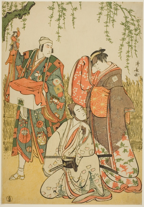The Actors Ichikawa Yaozo III as Shiragiku, Ichikawa Danjuro V as the puppeteer Dekurokubei, and Sawamura Sojuro III as Soga no Juro, in the joruri 