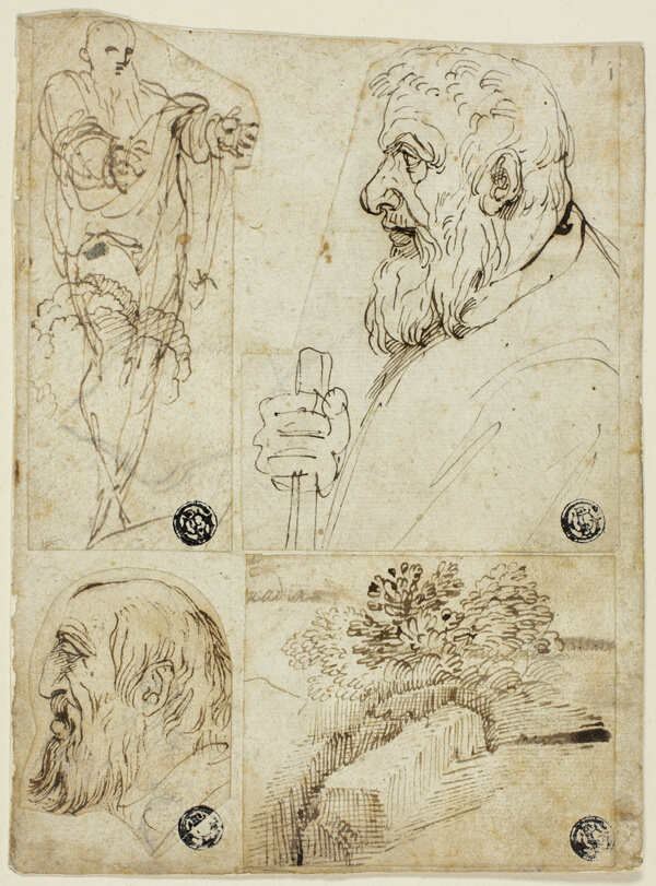 Four Sketches: Standing Male Figure; Profile Bust of Bearded Man; Profile Head of Bearded Man; Landscape