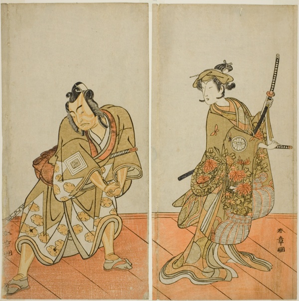 The Actors Segawa Kikunojo III as Aigo no Waka (right), and Ichikawa Yaozo II as Hachio-maru Aratora (left), in the Play Chigo Sakura Jusan Kane, Performed at the Ichimura Theater in the Eleventh Month, 1774