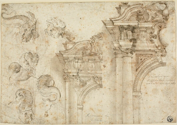 Sheet of Sketches: Sea Monsters and Elaborate Portals (recto); Sketches of Architectural Details (verso)