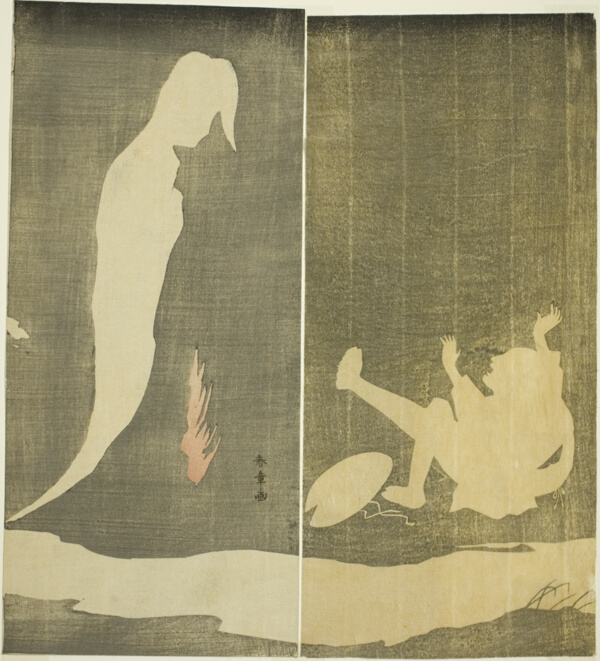 Man Falling Backward, Startled by a Woman's Ghost over a River
