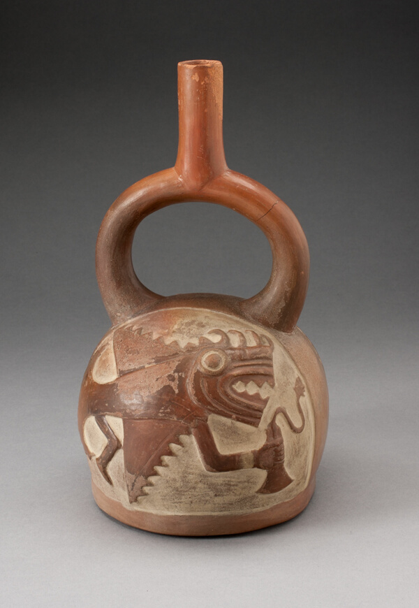 Stirrup Spout Vessel Incised with Anthropomorphic Fish