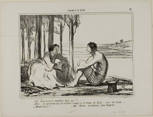 “- Aren't you getting dressed? - No... I remain like this in my swimming gear all day long, outside the swimming pool. - Even in winter? - Then I put on my hat!,” plate 28 from Croquis D'été