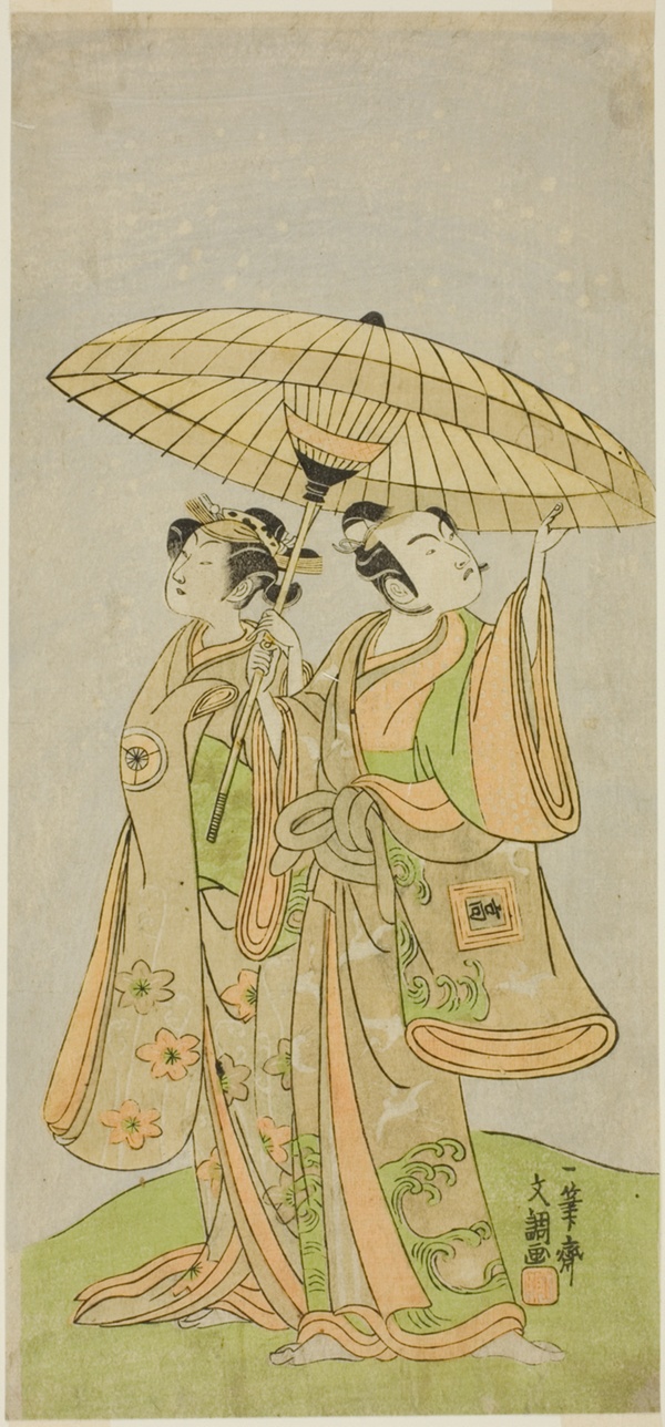 The Actors Ichikawa Komazo II as Chunagon Yukihira (right), and Iwai Hanshiro IV as Murasame (left), in the Play Kuni no Hana Ono no Itsumoji, Performed at the Nakamura Theater in the Eleventh Month, 1771