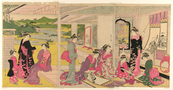 Women Viewing Scroll Paintings of the Gods of Good Fortune