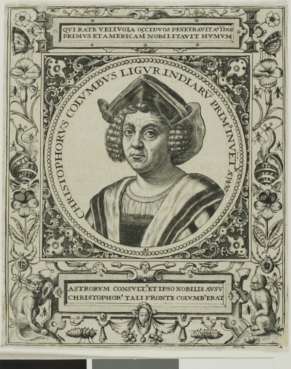 Christopher Columbus, frontispiece from volume 5 of Theodor de Bry's America