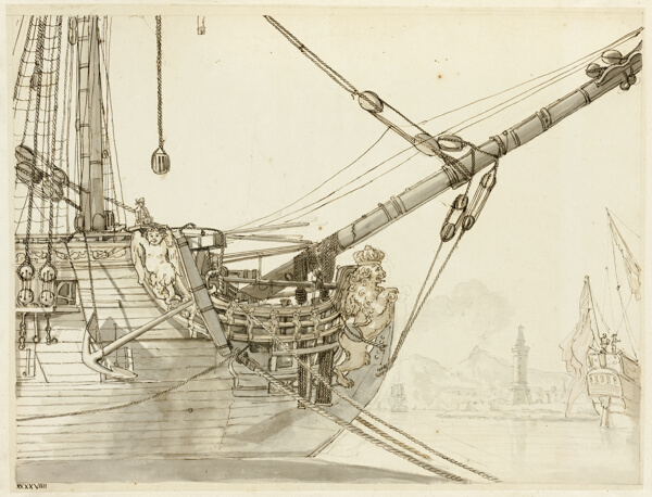 Study of a Warship's Prow with British Warships and Naples Harbor Beyond