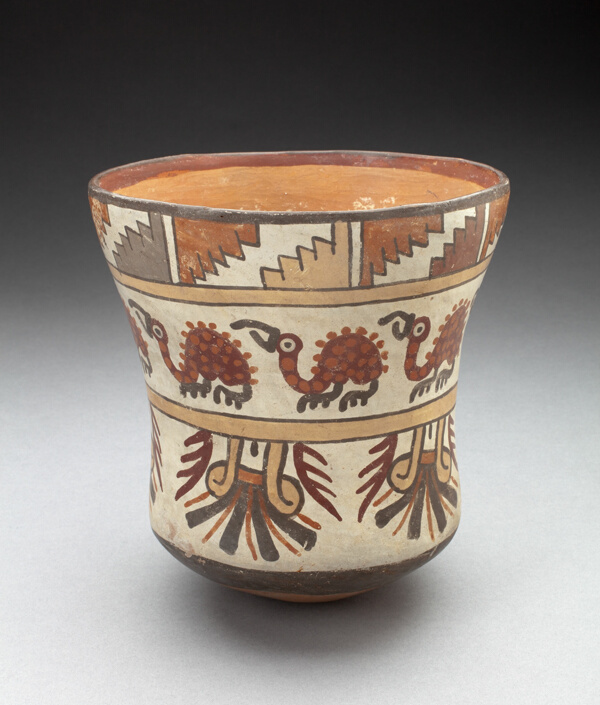 Beaker Depicting Bands of Spotted Birds and Geometric Motifs