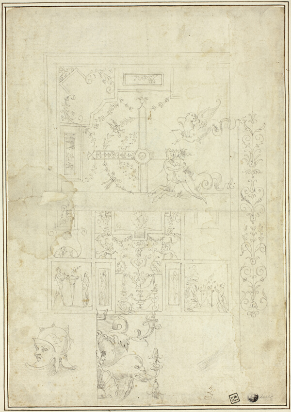 Ceiling Design, with Sketches of Ornamental Border, Helmeted Head (recto); Sketches of Ornamental Details (verso)