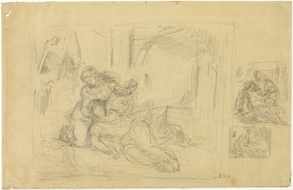 Woman Dying(?), Man in Bedroom, Two Sketches of Same
