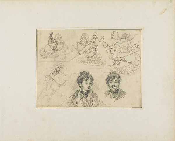 Sheet of Sketches: Riders, Mermaids and Two Portraits of Young Men