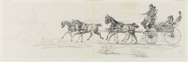 Horse-Drawn Carriage Preceded by Single Rider (recto); Man Riding Horse with a Blanket and Sketches of Heads, Horses and Triumphal Arch (verso)