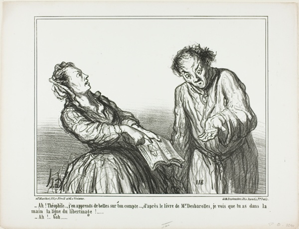 “- Ah, Théophile, what ghastly things I am reading about you. According to the book by Mr. Desbarolles, I can tell that you have in your palm the lines of a libertinage!… - Oh, well…,” plate 1 from Ces Bons Parisiens