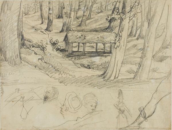 Forest Interior with Thatched Hut, and Other Sketches