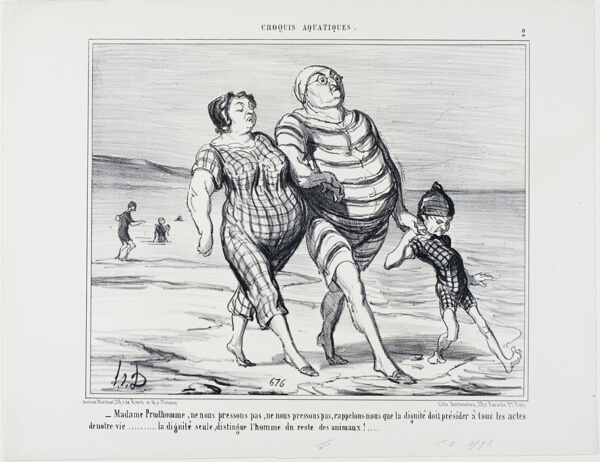 “- Madame Prudhomme, let's not hurry, let's recall that dignity should preside over all acts of life... dignity alone distinguishes man from the rest of the animals,” plate 2 from Croquis Aquatiques