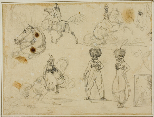 Sheet of Sketches: Soldiers, Horses and a Landscape