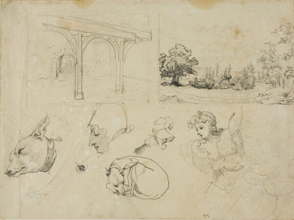 Sketches of A Shed, A Landscape, Dogs and Various Figures